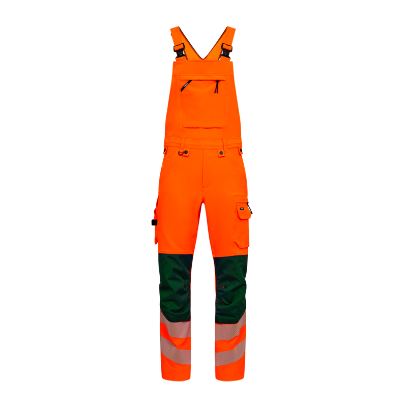 ENGEL Safety Stretch Warnschutz Latzhose Klasse 2 | 3345-124, orange Latzhose mit grünen Kniepartien und Reflexstreifen