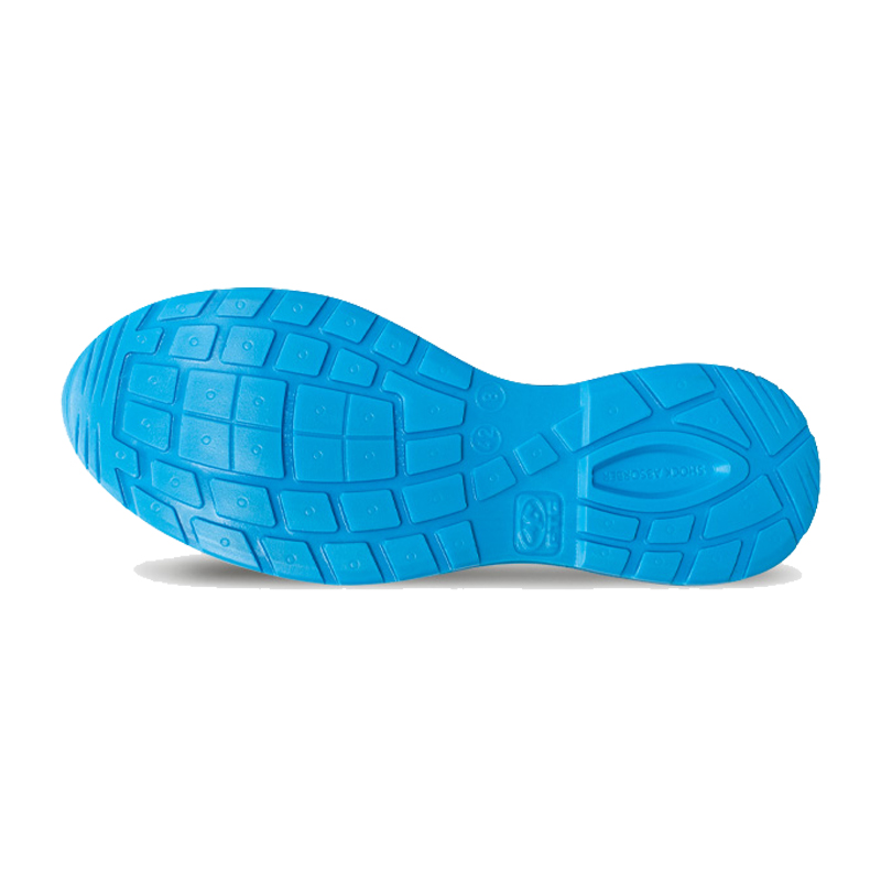 Ansicht der blauen Laufsohle des FTG Padel S3S ESD Sicherheitsschuhs Sport Line, leichter Halbschuh für Industrie, Bau und Dienstleistung