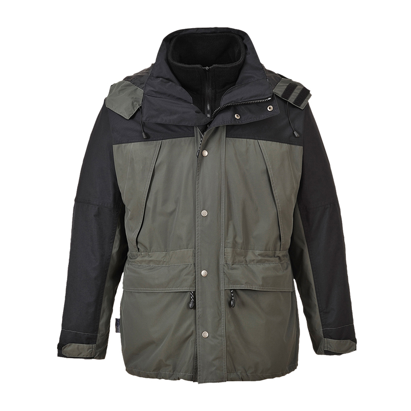 PortWest Arbeitsjacke in Oliv-Schwarz, robuste Outdoor-Jacke mit Kapuze, Fleece-Innenkragen und praktischen Taschen