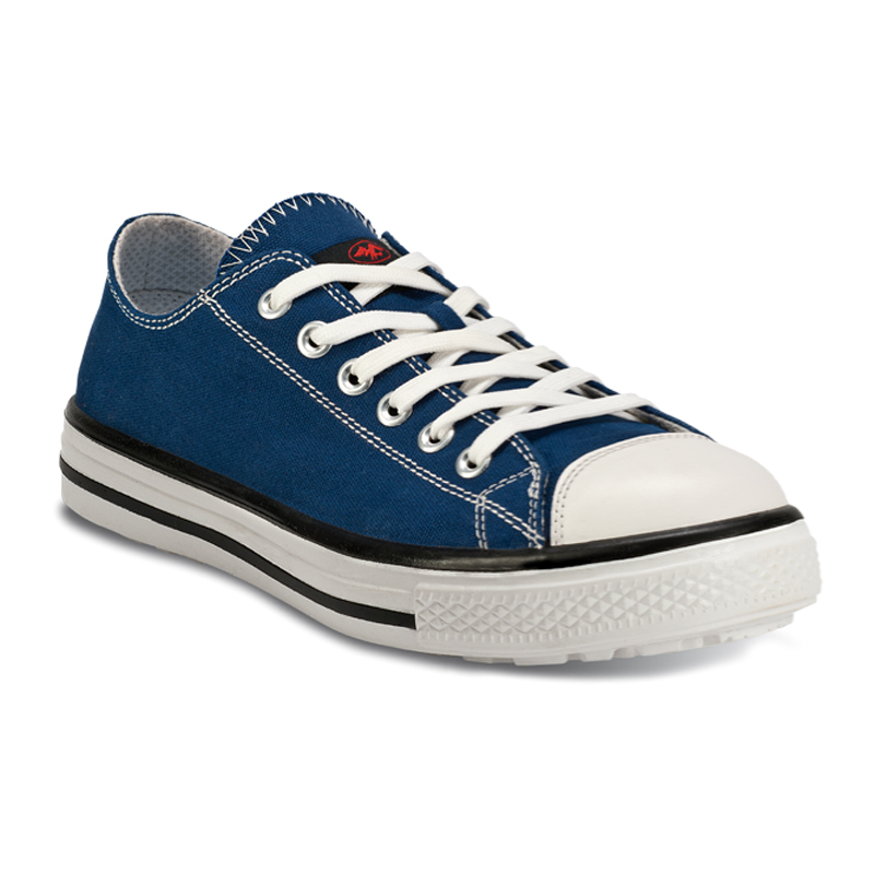 FTG Blues Low S1P Sicherheitsschuh aus der Music Line in Blau, niedriger turnschuhartiger Arbeitsschuh mit weißer Kappe und Schnürung