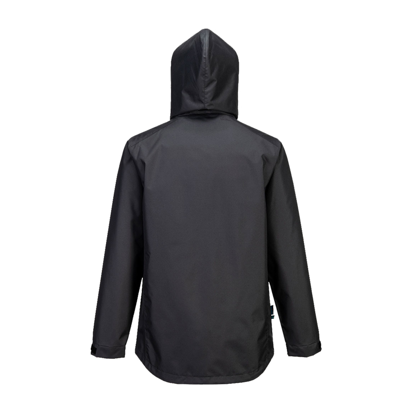 PortWest CD867 ECO günstige Regenjacke EN 343 in Schwarz, Rückansicht mit Kapuze für Bau, Handwerk, Industrie und kommunale Einsätze