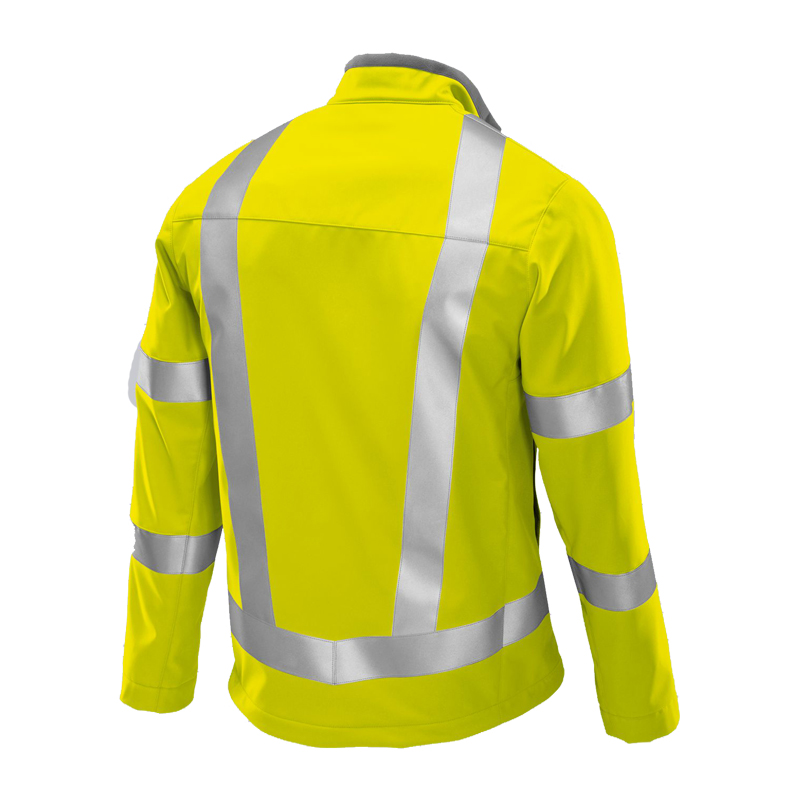 Rückansicht der BP 2121 Warnschutz Softshell Jacke Klasse 3 von BP Bierbaum Proenen in Gelb mit umlaufenden silbernen Reflexstreifen