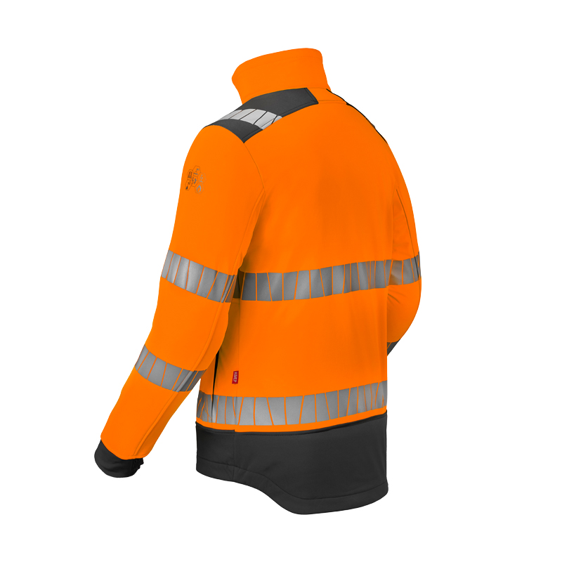 Rückansicht der HaVeP Multi Protector+ MultiNorm Warnschutz SoftShell Jacke APC1 in Orange-Schwarz mit umlaufenden Reflexstreifen