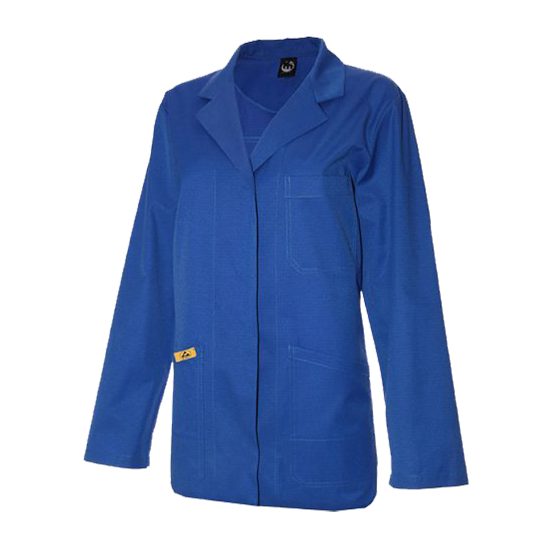 Blaue Mimoza ESD Damen Jacke für Produktschutz in EPA-Bereichen 10⁵ bis 10⁸, antistatische Arbeitsjacke nach EN 61340