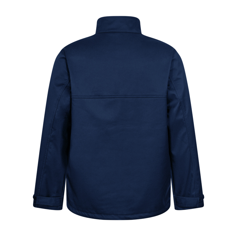 Rückansicht einer dunkelblauen Engel Jacke mit Stehkragen und langen Ärmeln