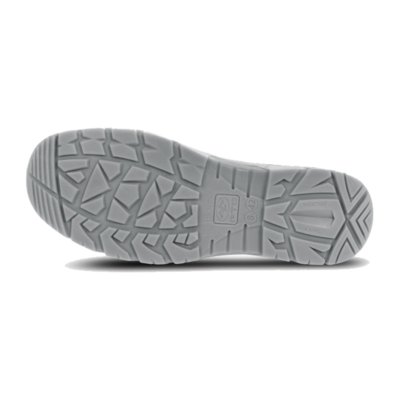 Unteransicht der grauen, profilierten Laufsohle des FTG Space S3 ESD Sicherheitsschuhs, metallfrei aus der Gemini Line