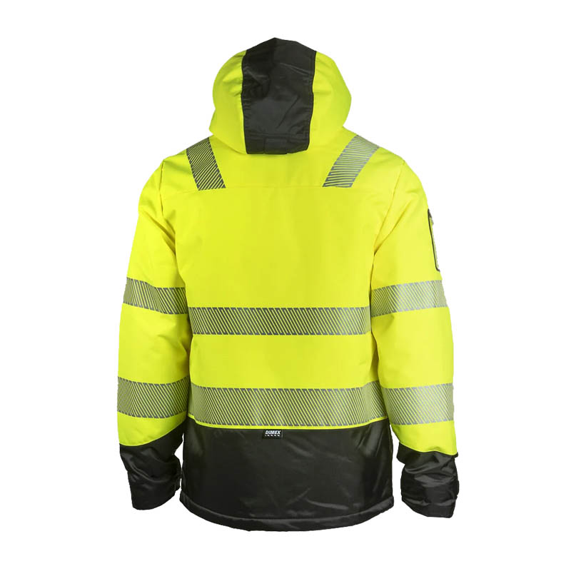 Rückansicht der Dimex 6151Y Winter Warnschutz Shell Jacke mit Kapuze, Klasse 2, in Gelb-Schwarz mit Reflexstreifen