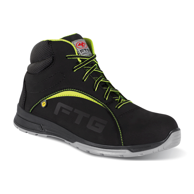 FTG Sailing S3S ESD Sicherheitsstiefel Sport Line, hoher schwarzer Arbeitsstiefel aus Sicherheitsnubukleder mit grünem Schnürdetail und rutschhemmender Sohle