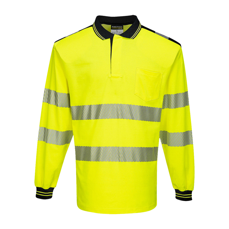 PortWest Warnschutz-Poloshirt Langarm, leuchtgelb mit reflektierenden Streifen, Kragen und Brusttasche