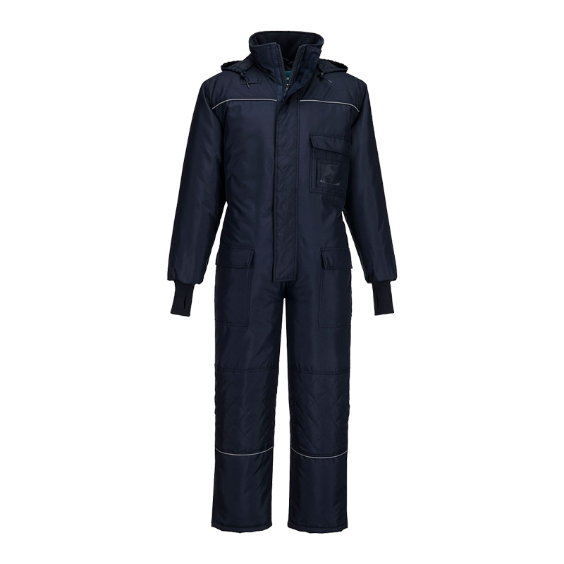 PortWest Thermo-Overall in Dunkelblau, warmer Arbeitsoverall mit Kapuze, Brusttasche und Reflexdetails, Frontansicht