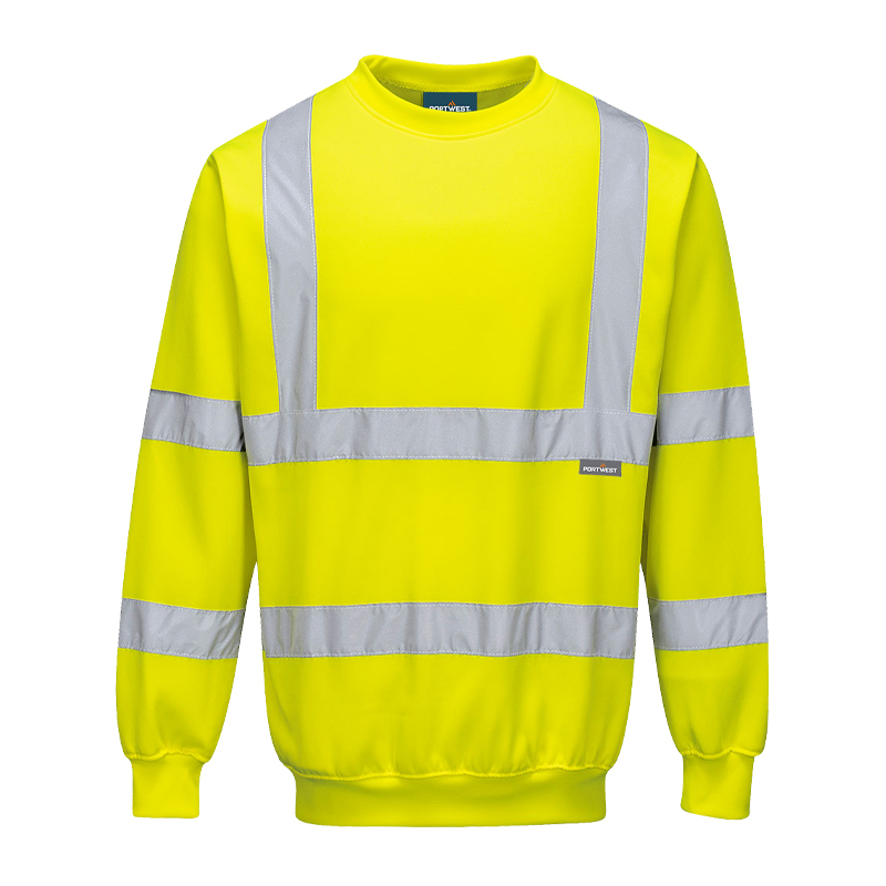 PortWest Warnschutz-Sweatshirt in leuchtendem Gelb mit langen Ärmeln und umlaufenden silbernen Reflexstreifen für hohe Sichtbarkeit