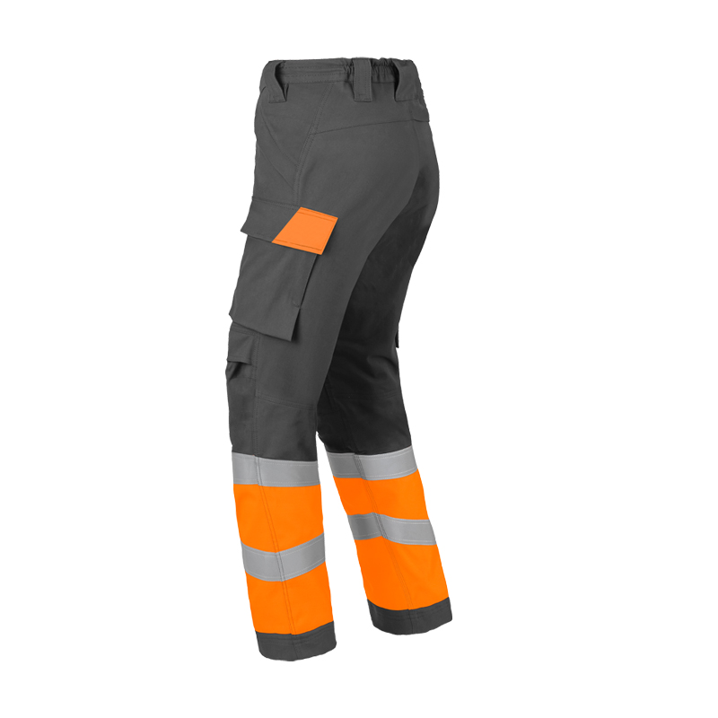 Rückansicht der HaVeP Multi Protector+ MultiNorm Warnschutz Hose Klasse 1 APC1 in Grau-Orange mit Reflexstreifen und Seitentaschen