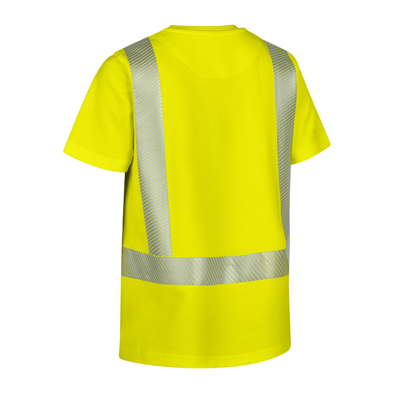 Rückansicht des BP 2144 Warnschutz Damen T-Shirt Comfort Klasse 2 von BP Bierbaum Proenen in Gelb mit vertikalen und umlaufenden Reflexstreifen