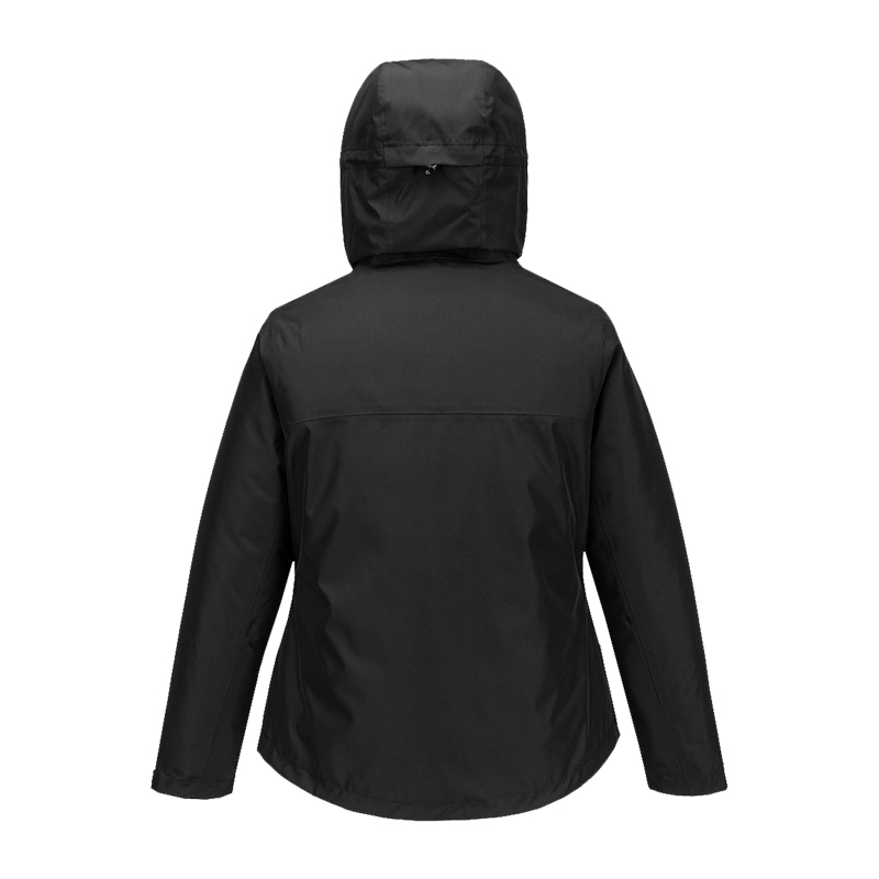 Rückansicht einer schwarzen PortWest Jacke mit Kapuze, schlichtes Design für Arbeit und Outdoor