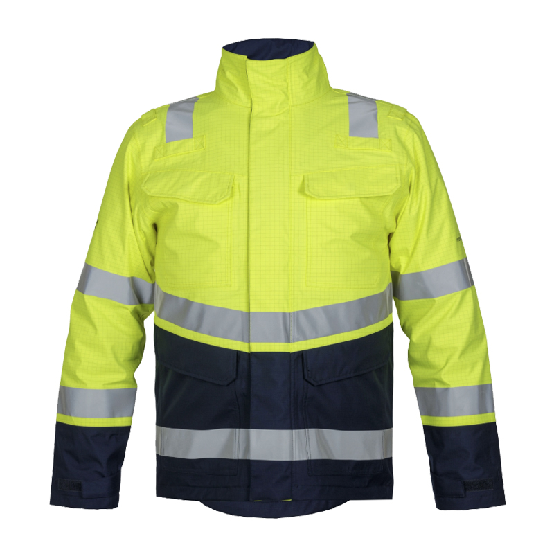 HydroWear Warnschutzjacke in Neon gelb und Marineblau mit Reflexstreifen, hoher Kragen und Frontverschluss, robuste Arbeitsjacke für hohe Sichtbarkeit