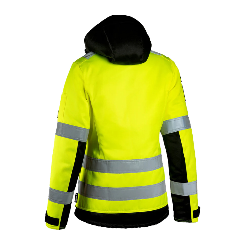 Rückansicht der Dimex 6177Y Damen Winter Warnschutz Jacke Klasse 2 in Gelb-Schwarz mit Kapuze und umlaufenden Reflexstreifen