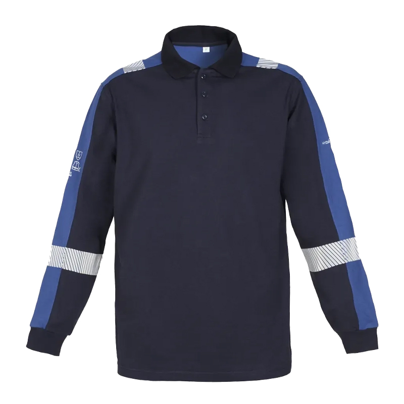 Marineblaues Langarm-Poloshirt mit blauen Einsätzen an den Ärmeln und Reflexstreifen an Schultern und Unterarmen