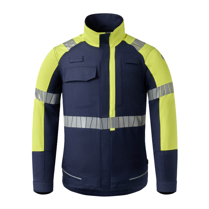 HaVeP Warnschutz-Arbeitsjacke in Marineblau und Neongelb mit Stehkragen, Brusttasche und umlaufenden Reflexstreifen