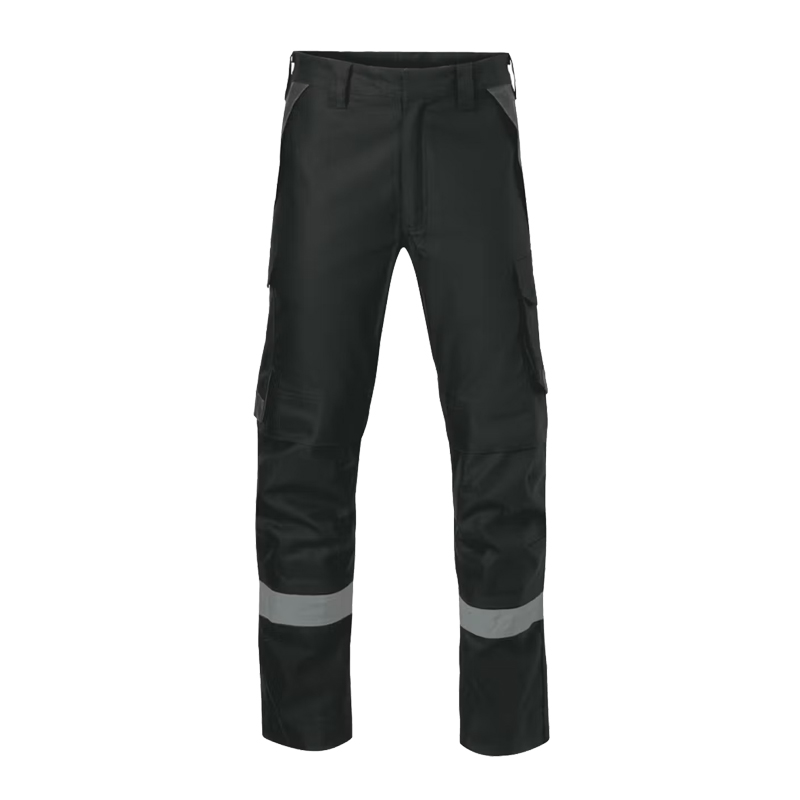Schwarze Arbeits- und Warnschutzhose mit seitlichen Taschen und Reflexstreifen an den Beinen