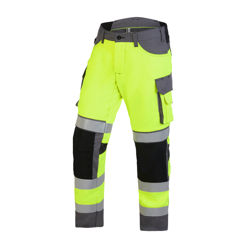 Rofa Warnschutzhose in Neongelb-Grau mit Reflexstreifen, Knietaschen und Seitentaschen für hohe Sichtbarkeit bei der Arbeit