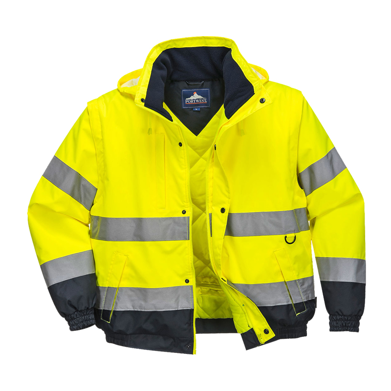 PortWest Warnschutzjacke in leuchtendem Gelb mit Reflexstreifen, Kapuze und dunklen Kontrastbereichen, ideal für sichere Sichtbarkeit bei der Arbeit