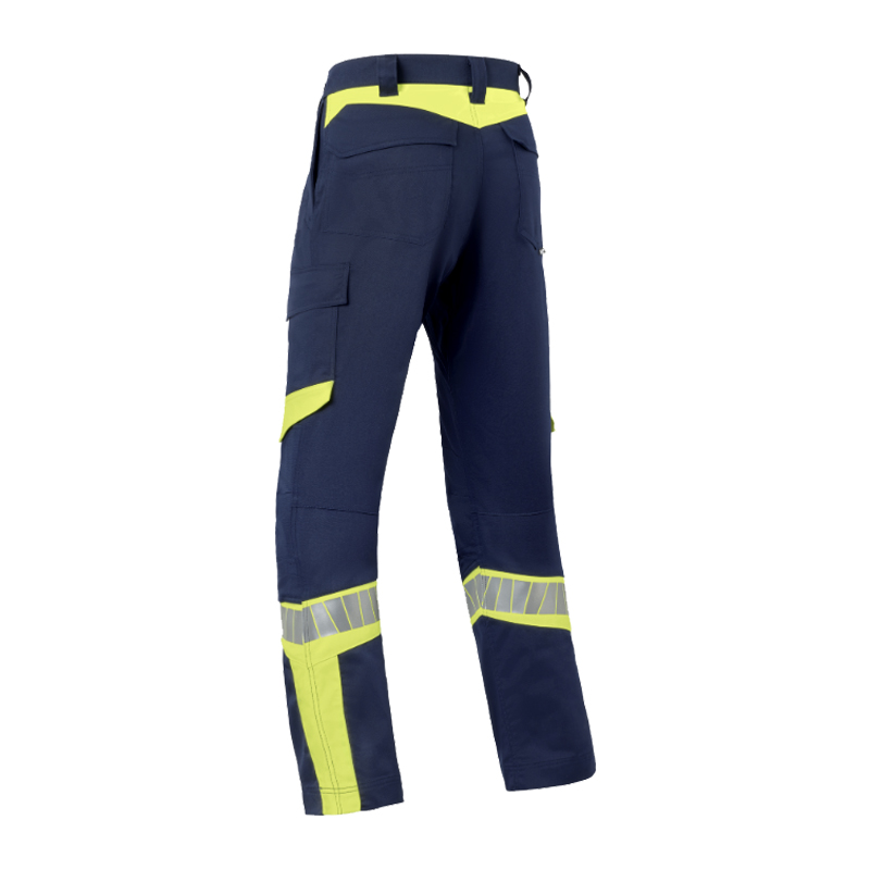 Rückansicht einer HaVeP Arbeitshose in Marineblau mit fluoreszierend gelben Einsätzen und Reflexstreifen an den Beinen, geeignet für Warnschutz und Arbeitsalltag