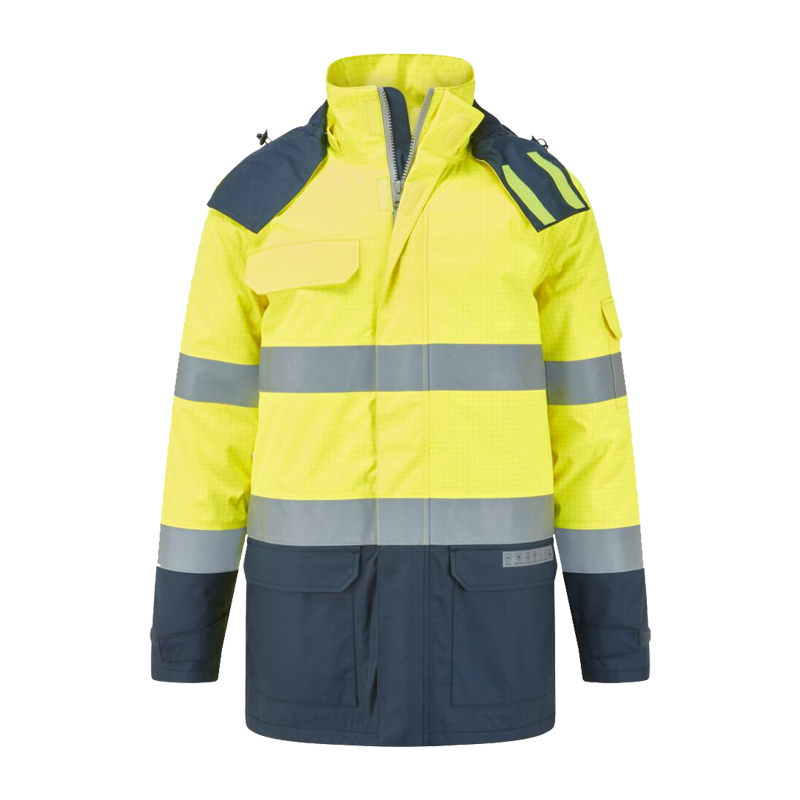 PortWest Warnschutzjacke in Gelb/Navy mit Reflexstreifen, hoher Kragen, Frontreißverschluss und Taschen, ideal für Arbeit und hohe Sichtbarkeit