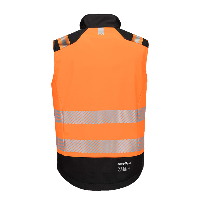 Rückenansicht einer PortWest Warnweste in Orange und Schwarz mit breiten Reflexstreifen für hohe Sichtbarkeit