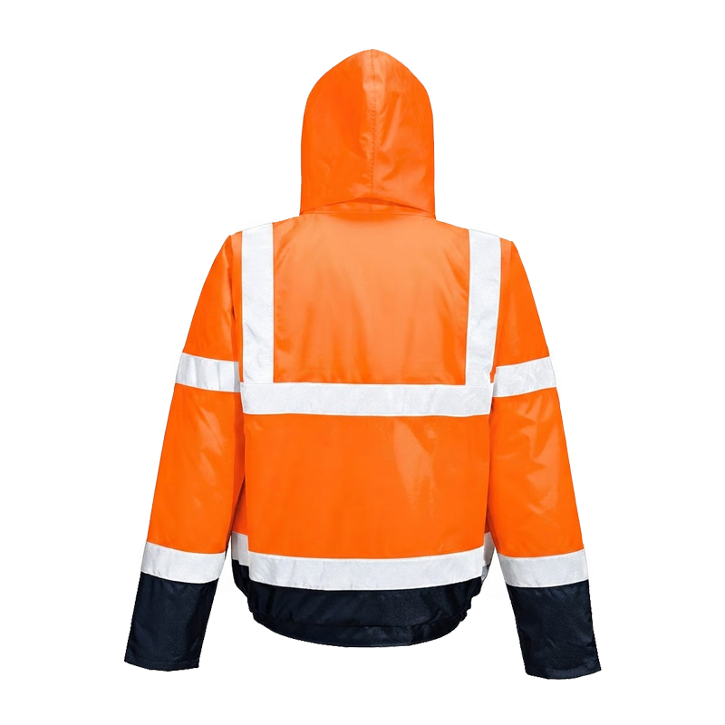 Rückansicht einer PortWest Warnschutzjacke mit Kapuze in Orange und Marineblau mit reflektierenden Streifen
