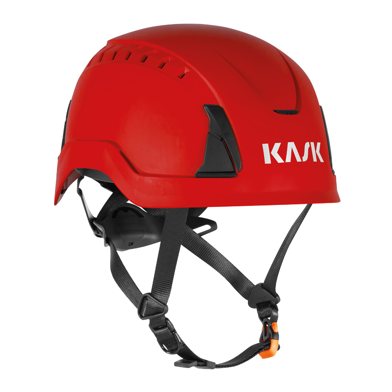 Roter KASK PRIMERO AIR Industriehelm mit Belüftung, Kinnriemen und Logo, Schutzhelm nach EN 397 und EN 50365 für anspruchsvolle Industrieeinsätze