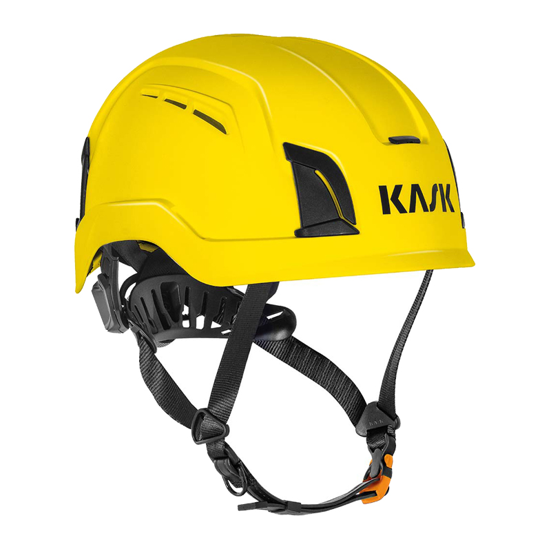 Gelber Kask Zenith X MAX AIR Industriehelm für große Köpfe bis 66 cm mit Belüftung, Kinnriemen und schwarzer Innenausstattung