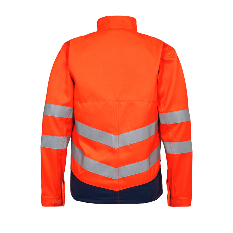 Rückansicht einer orangefarbenen Engel Warnschutzjacke mit silbernen Reflexstreifen an Rücken und Ärmeln sowie dunkelblauem Saum