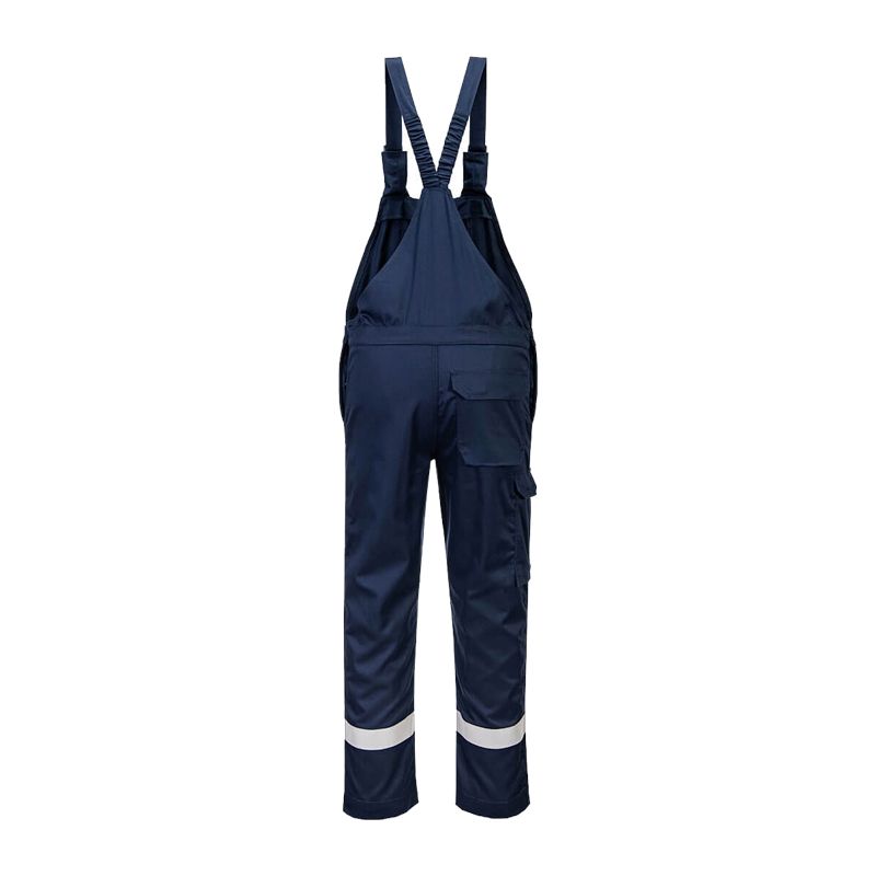 PortWest Arbeits-Latzhose in Dunkelblau mit verstellbaren Trägern, Seitentaschen und Reflexstreifen an den Beinabschlüssen