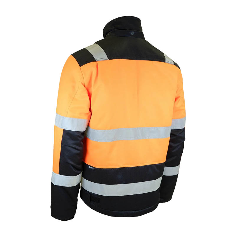 Rückansicht der Dimex 61751Y Winter Warnschutz Hi-Vis Jacke Klasse 2 von Dimex in Orange-Schwarz mit umlaufenden Reflexstreifen, für hohe Sichtbarkeit und Schutz bei kalten Winterbedingungen