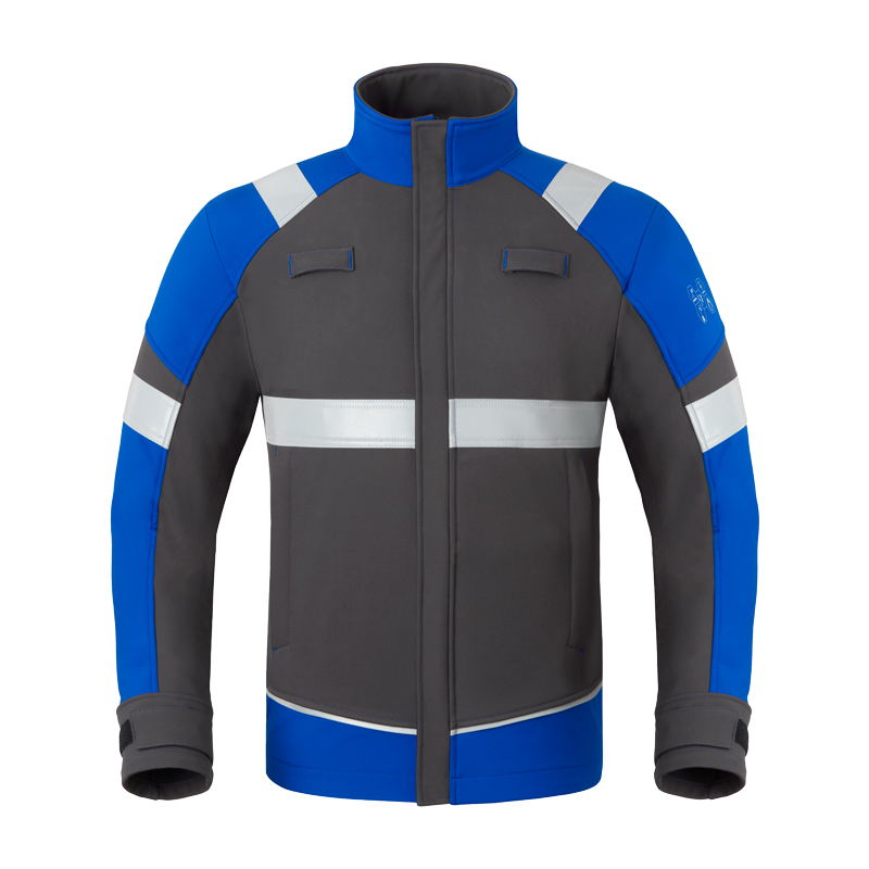 Frontansicht der HaVeP 5Safety Image+ 50384 MultiNorm SoftShell Jacke | APC1 in Grau-Blau mit durchgehendem Reißverschluss und Reflexstreifen.