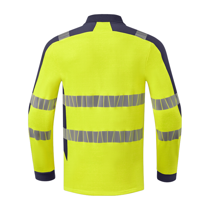 Rückenansicht des HaVeP 10104 MultiNorm Hi-Vis Warnschutz Sweat-Shirts inhärent in Gelb mit dunklen Kontrasteinsätzen und umlaufenden Reflexstreifen