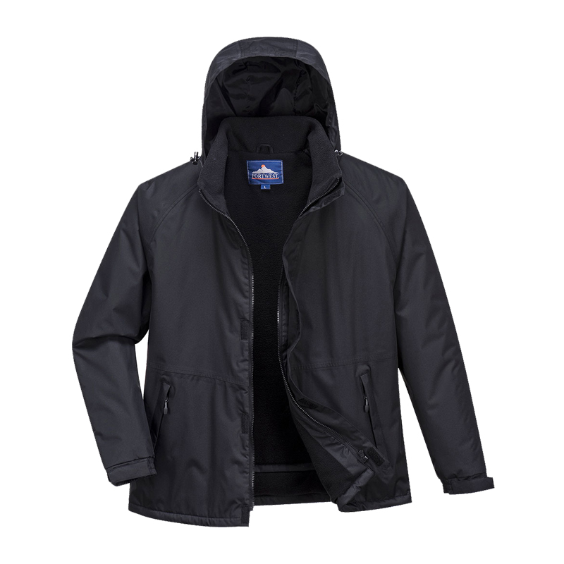 PortWest schwarze Herrenjacke mit Kapuze, Reißverschluss und Seitentaschen, gefütterte Outdoor- und Arbeitsjacke in Frontansicht