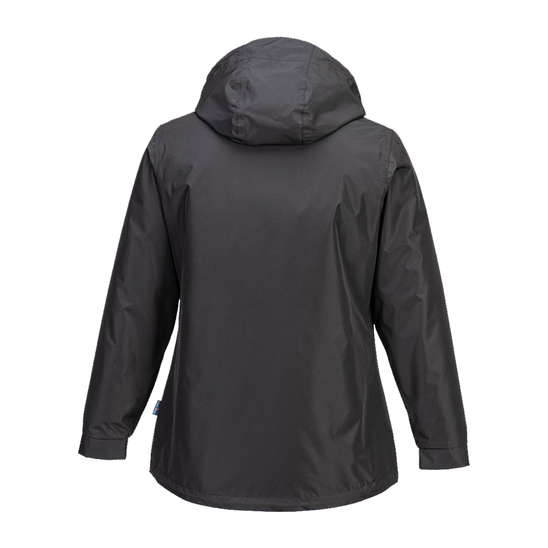 Rückansicht einer schwarzen PortWest Damen-Regenjacke mit Kapuze, wasserdichte Outdoorjacke