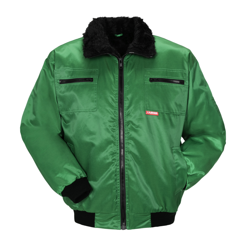 Planam Gletscher Piloten Jacke nach EN 342, grüne Winter-Arbeitsjacke mit schwarzem Webpelzkragen und Reißverschlusstaschen