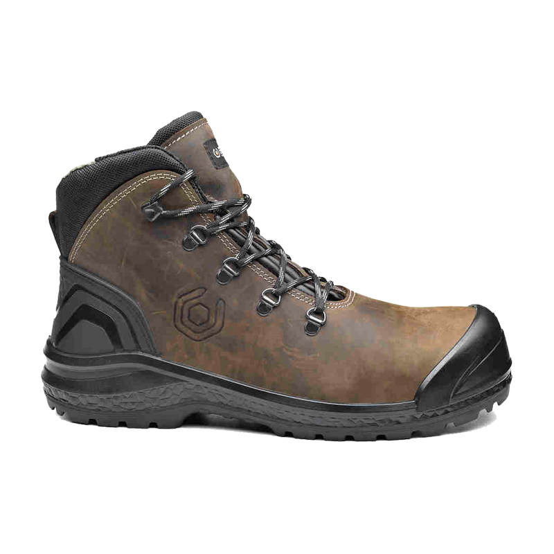 BASE Be-Strong Top S3S Sicherheitsstiefel HRO CI HI B0888, robuster Arbeitsstiefel aus braunem Leder mit schwarzer Schutzkappe und Profilsohle, seitliche Ansicht