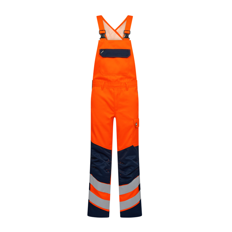 Engel Warnschutz-Latzhose in Orange und Marineblau mit verstellbaren Trägern, Brusttasche und reflektierenden Streifen an den Beinen
