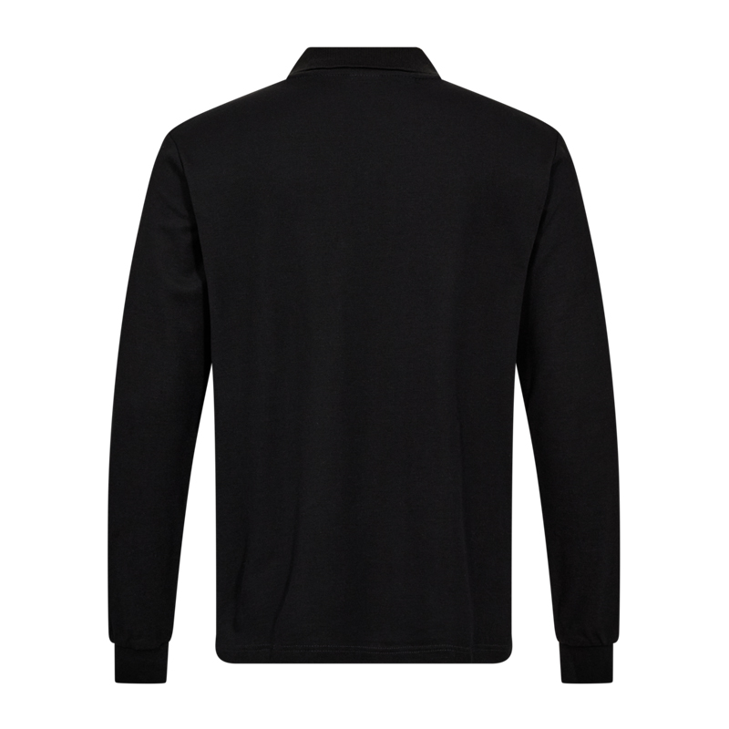 Rückansicht eines schwarzen Langarm-Poloshirts mit Kragen und Ärmelbündchen