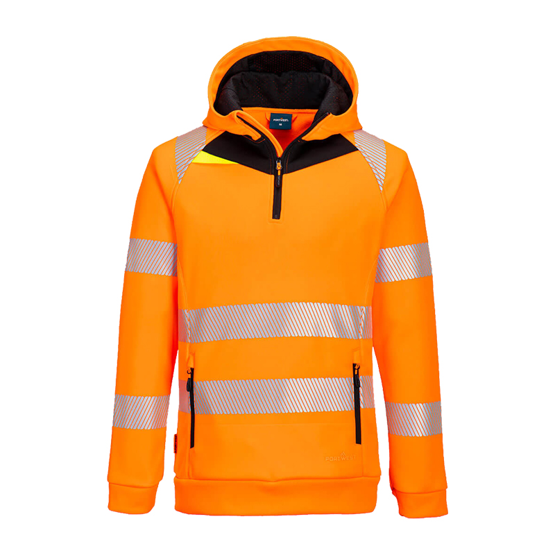 PortWest Warnschutz-Hoodie in leuchtendem Orange mit Kapuze, halbem Reißverschluss und umlaufenden Reflexstreifen für hohe Sichtbarkeit