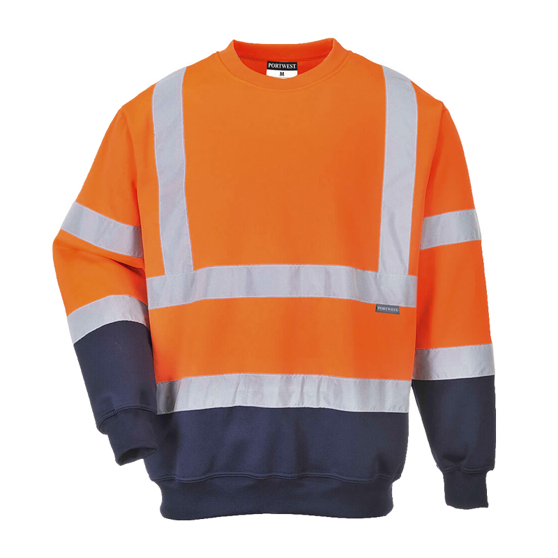 PortWest Warnschutz-Sweatshirt in Orange mit silbernen Reflexstreifen, Rundhalsausschnitt und dunkelblauem Saum und Ärmeln