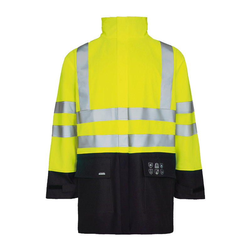Rückansicht einer Lyngsøe Warnschutzjacke in Gelb und Marineblau mit umlaufenden Reflexstreifen und hohem Kragen