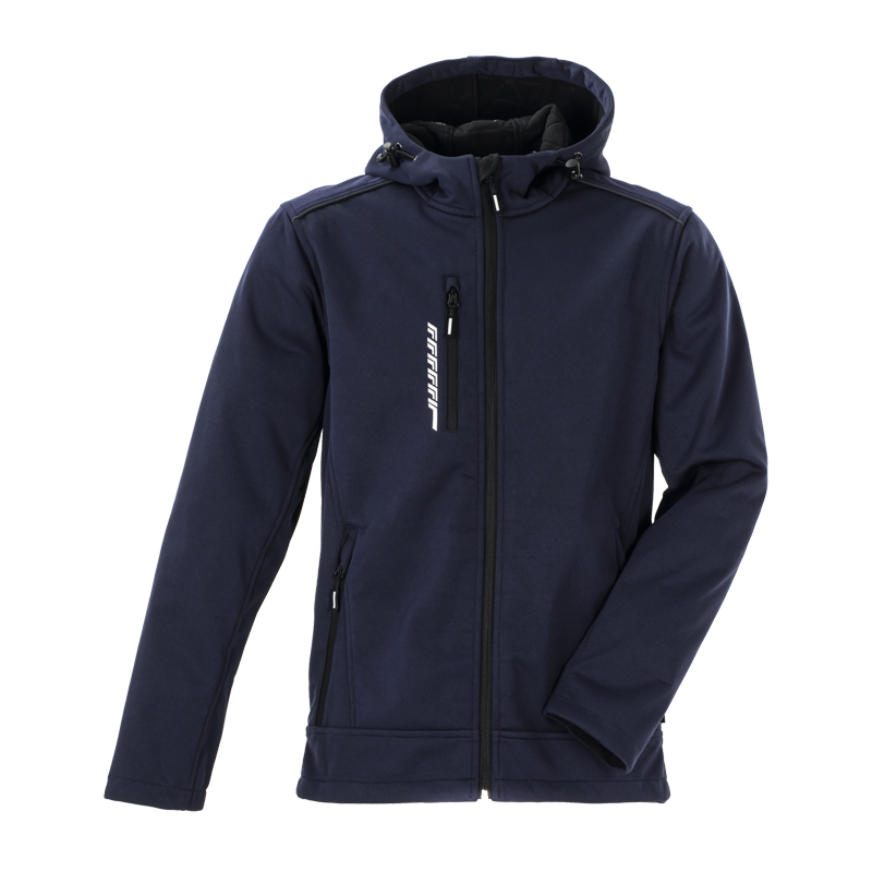 Planam Hawk Softshelljacke mit schwarzen Reflexbiesen in Navy, Arbeitsjacke mit Kapuze und Reißverschlusstaschen