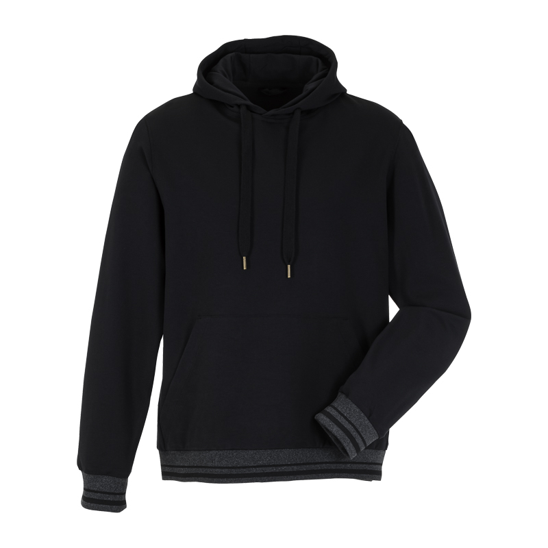 Planam Outdoor Match Hoodie mit Strickbündchen in Schwarz, Kapuzenpullover mit Kängurutasche und kontrastfarbenen Bündchen