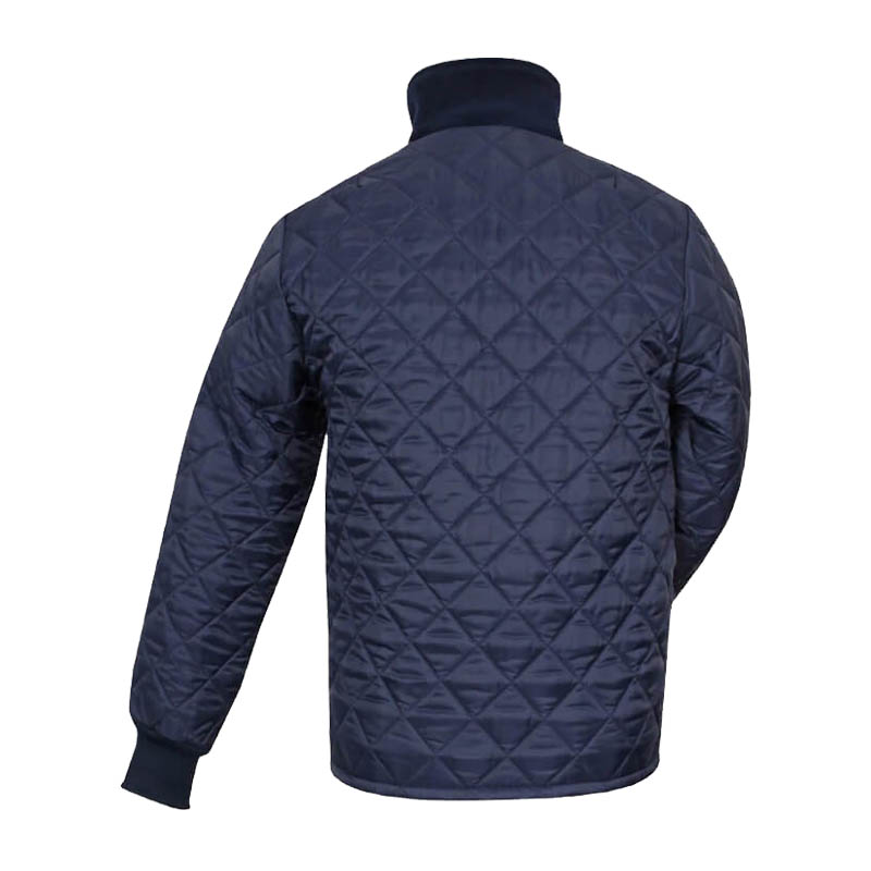 Rückansicht der TEMPEX THERMO Jacke von HB Protective Wear in Dunkelblau, gesteppte warme Arbeitsjacke mit hohem Kragen für Kühlhaus, Lager und kalte Arbeitsumgebungen