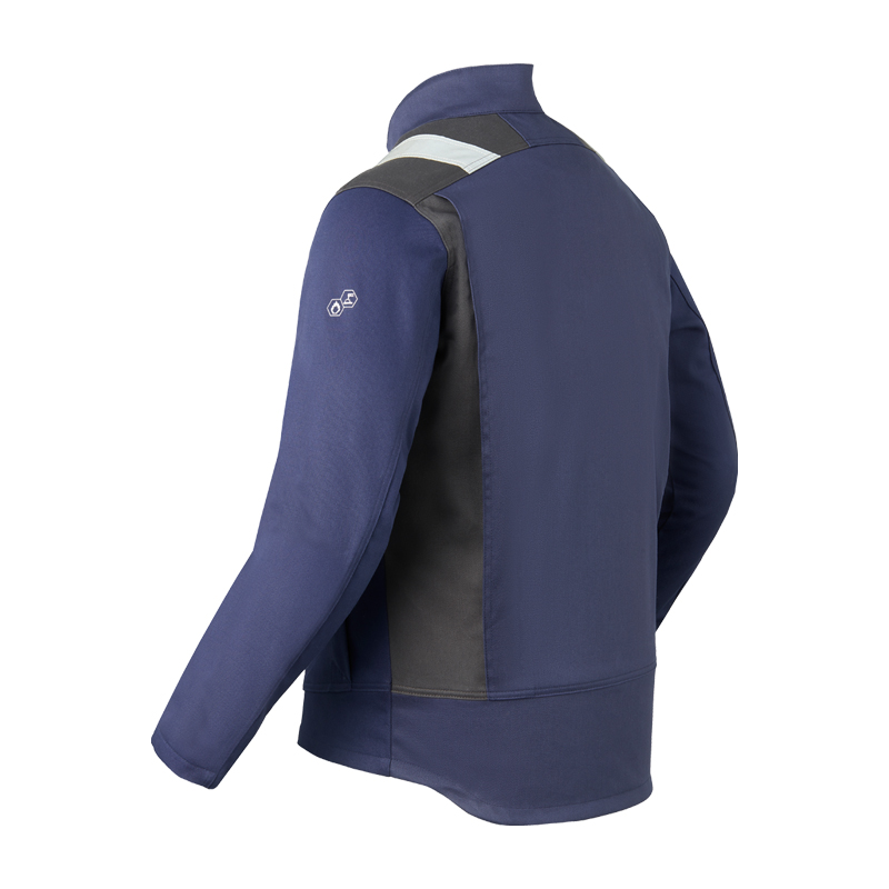 Rückansicht der HaVeP Force+ 50337 MultiNorm Schweisser Jacke Klasse 2 APC1 in Blau, robuste Schutzjacke für Schweißer
