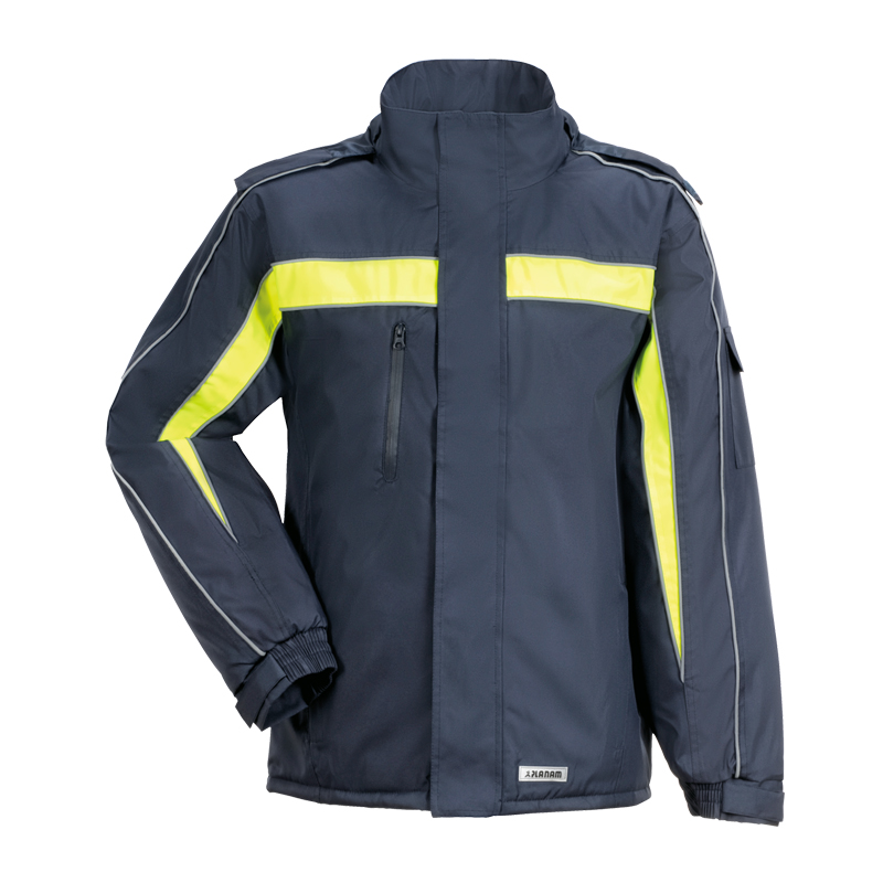 Planam Cosmic Jacke wasserdicht mit Neon Applikation, marineblaue Arbeitsjacke mit gelben Neon-Einsätzen und hohem Kragen